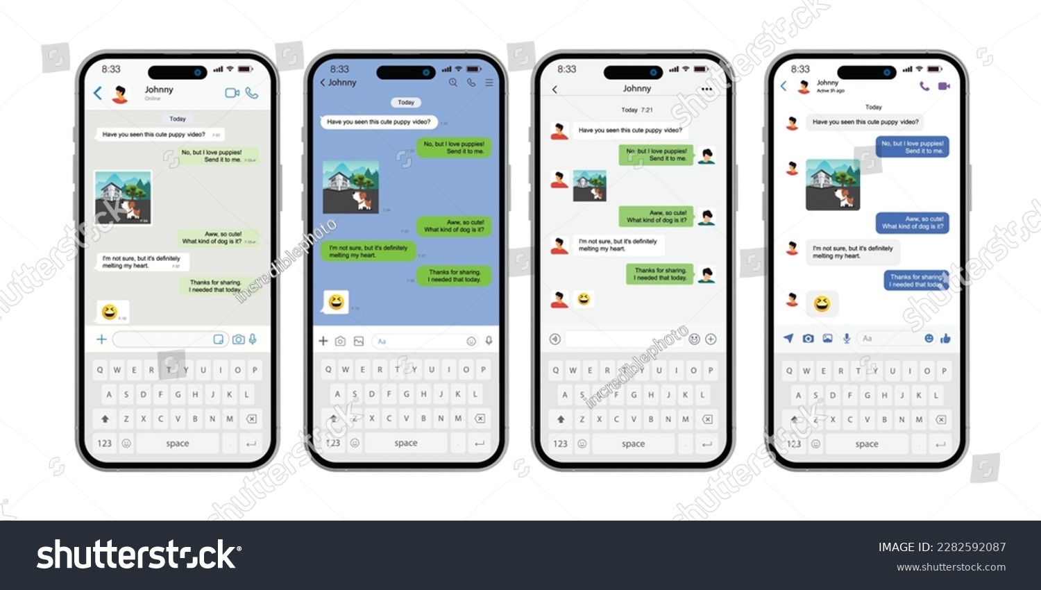 Vector chatting screen in mobile communication illustration. Chat app template. Modern realistic white and black smartphone. Social network concept. Vector. #2282592087
