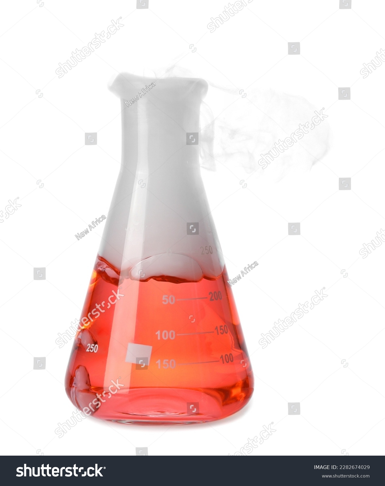 Laboratory flask with colorful liquid and steam isolated on white. Chemical reaction #2282674029