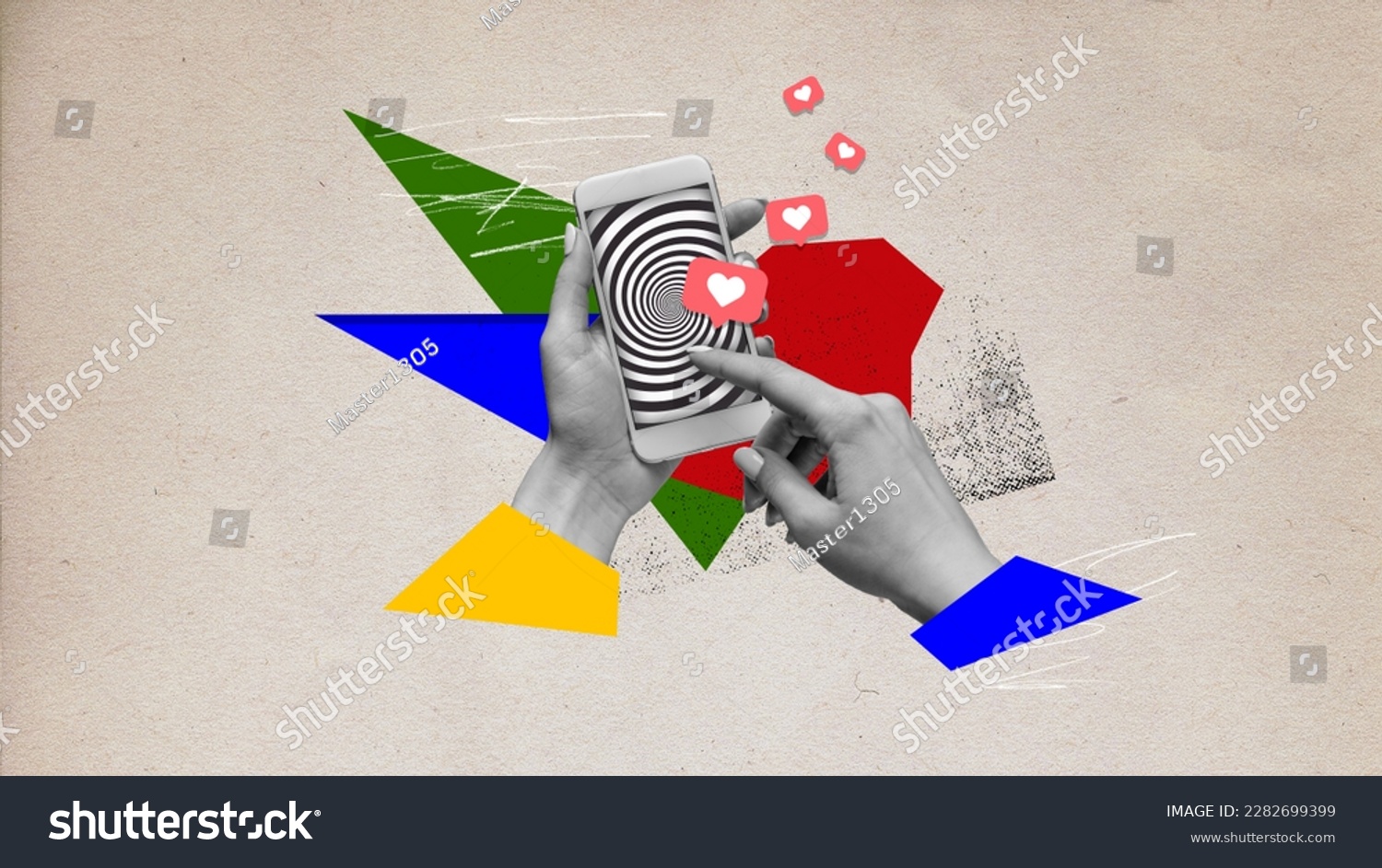 Human hands holding mobile phone with hypnotic screen. Many social media likes. Popularity and internet addiction. Contemporary art collage. Creative design. Concept of modern technologies, surrealism #2282699399