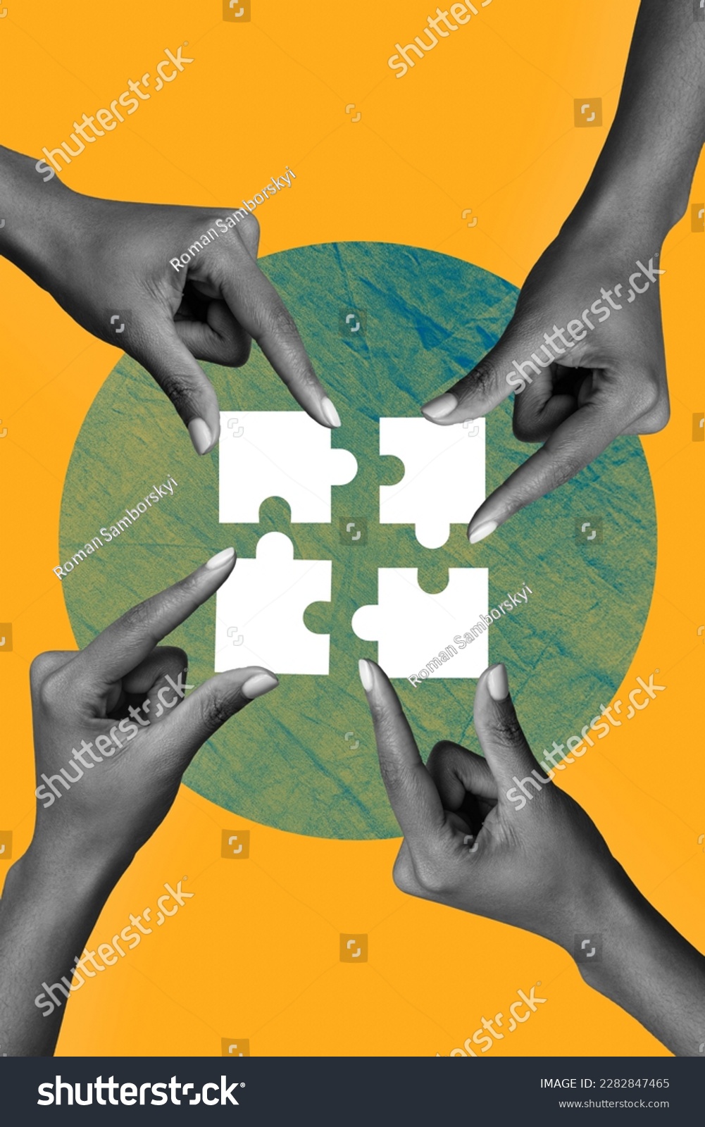Image artwork creative business collage of four different people coworkers have aim achieve solving work task connect all puzzle #2282847465