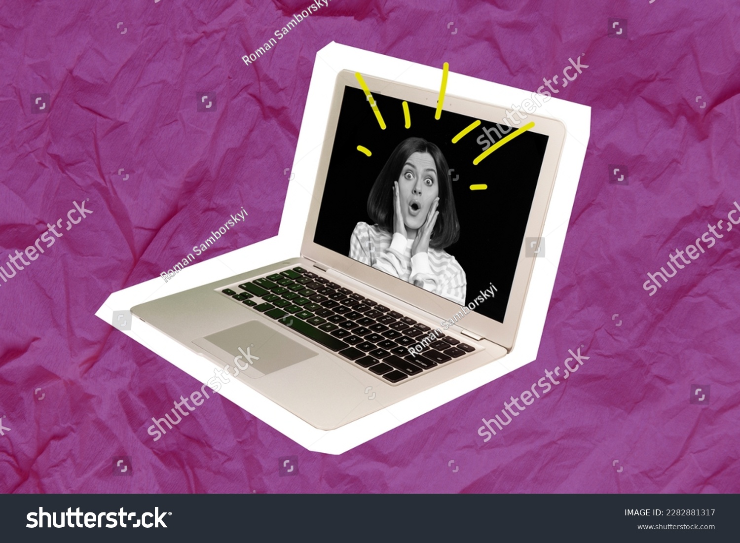 Creative 3d collage wallpaper funny excited girl image shocked laptop display shopping ecommerce advertisement purchase isolated on pink background #2282881317