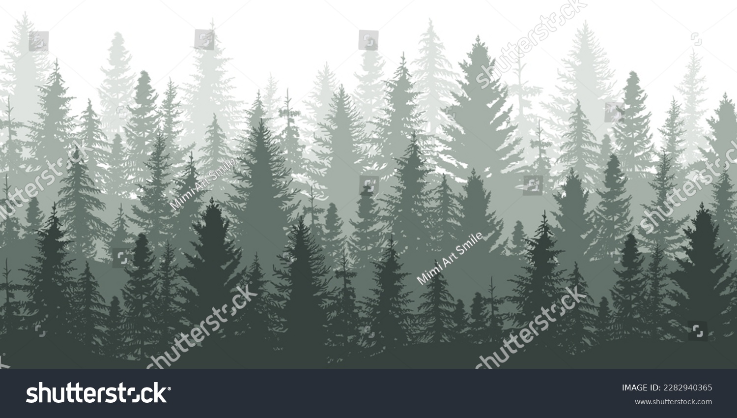 Forest panorama view. Pine tree landscape vector illustration.  Spruce silhouette. Banner background. #2282940365