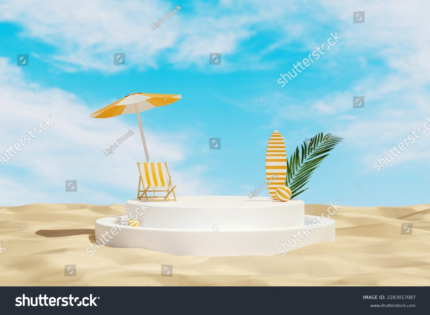 Abstract minimal scene with white round podium placed on beach sand texture, decorated with a chair under an umbrella, surfboard, ball and plant. 3D rendering blue sky background #2283017087