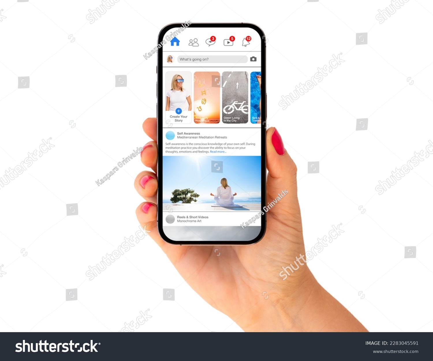 Phone in hand with social media app mockup on it's screen #2283045591