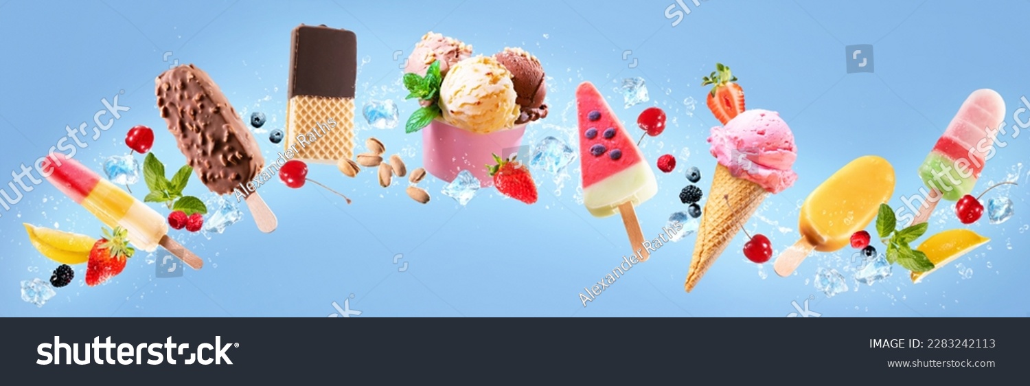 Collection of various delicious ice cream. Lolly ice, cones with different topping, fruit, chocolate and vanilla icecream on blue sky background #2283242113