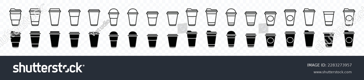 Coffee cup icons vector set in line and flat style. Disposable coffee cup. Coffee paper cup, plastic container for hot and cold drink, juice, tea, cocoa and other. Vector illustration #2283273957