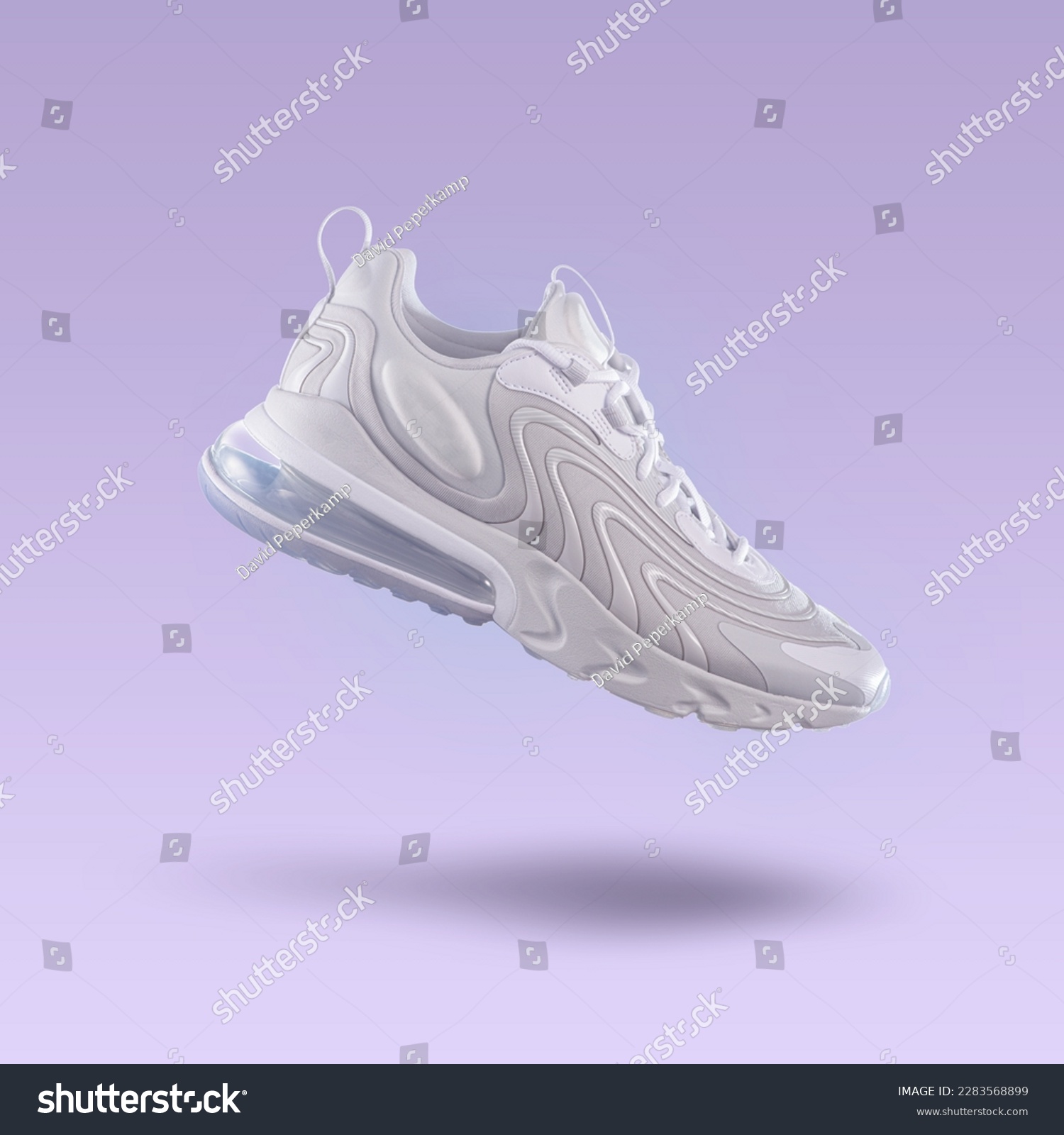 White sneaker sport shoe on a purple gradient background, sport concept, men's fashion, sport shoe, air, sneakers, lifestyle, concept, product photo, levitation concept, street  #2283568899