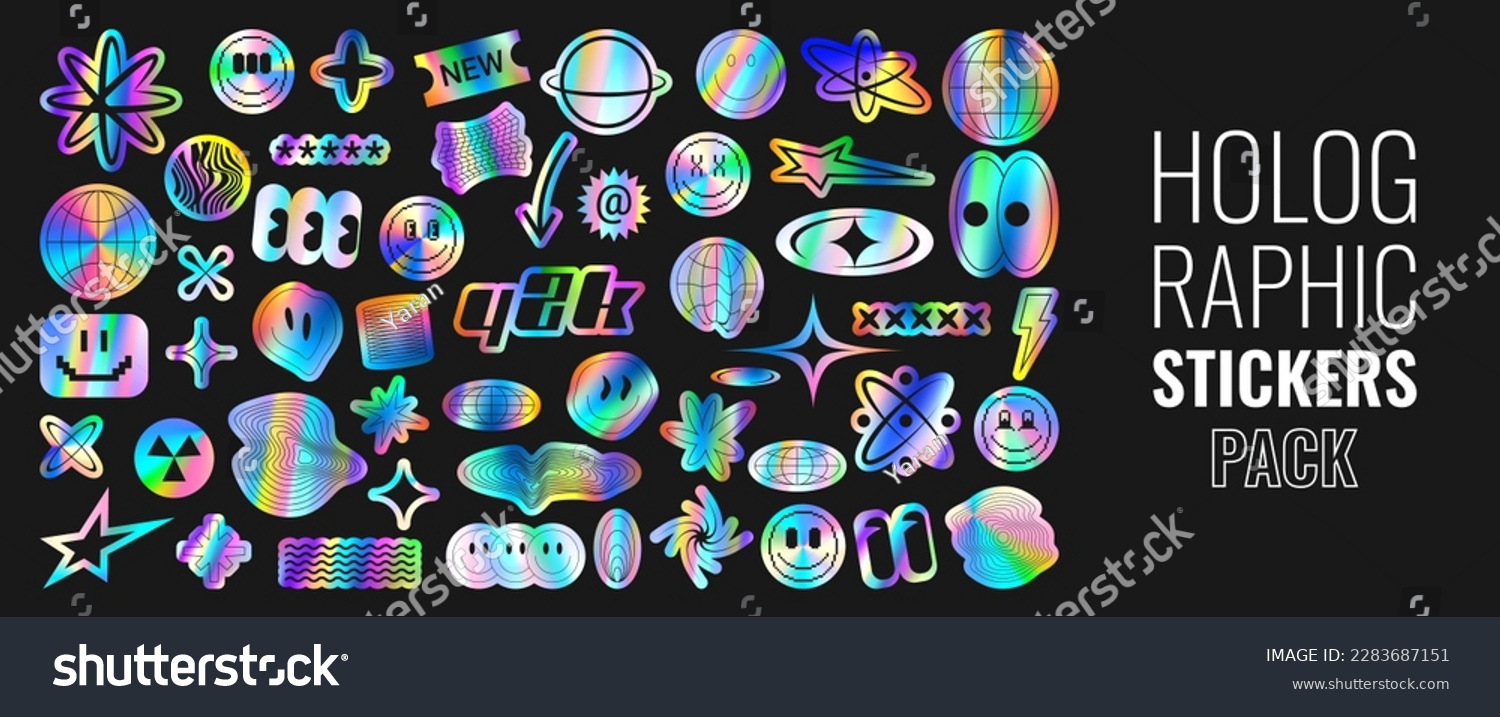 Set of holographic retro futuristic stickers. Vector illustration with iridescent foil adhesive film with symbols and objects in y2k style. Holographic futuristic labels. #2283687151