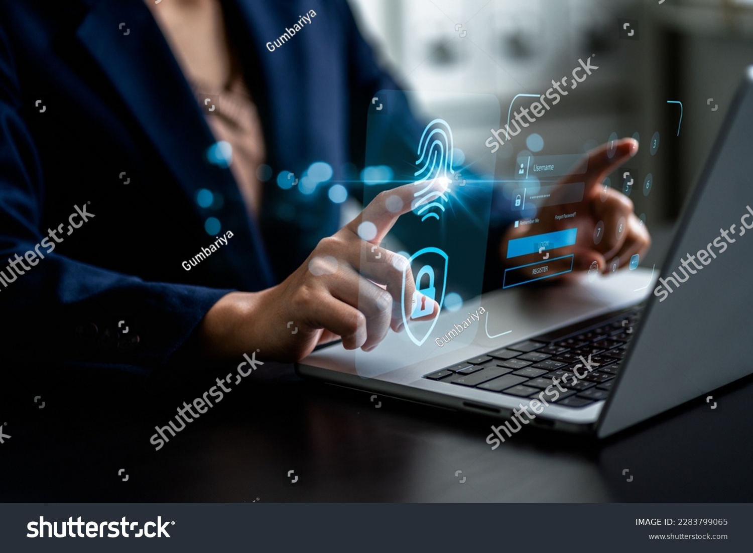 Access security personal financial data on scan fingerprint identification, biometric authentication cybersecurity, technology cybernetics into Big data businesses, Businesswoman login laptop computer #2283799065
