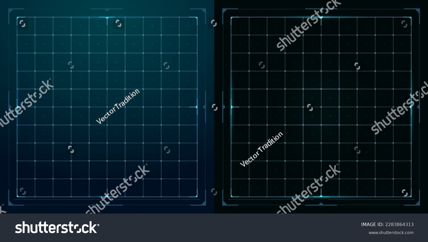 HUD grid tech interface, futuristic data screen dashboard, vector background. HUD digital technology line grid with dot nodes, virtual techno display with grid pattern or wireframe hologram #2283864313