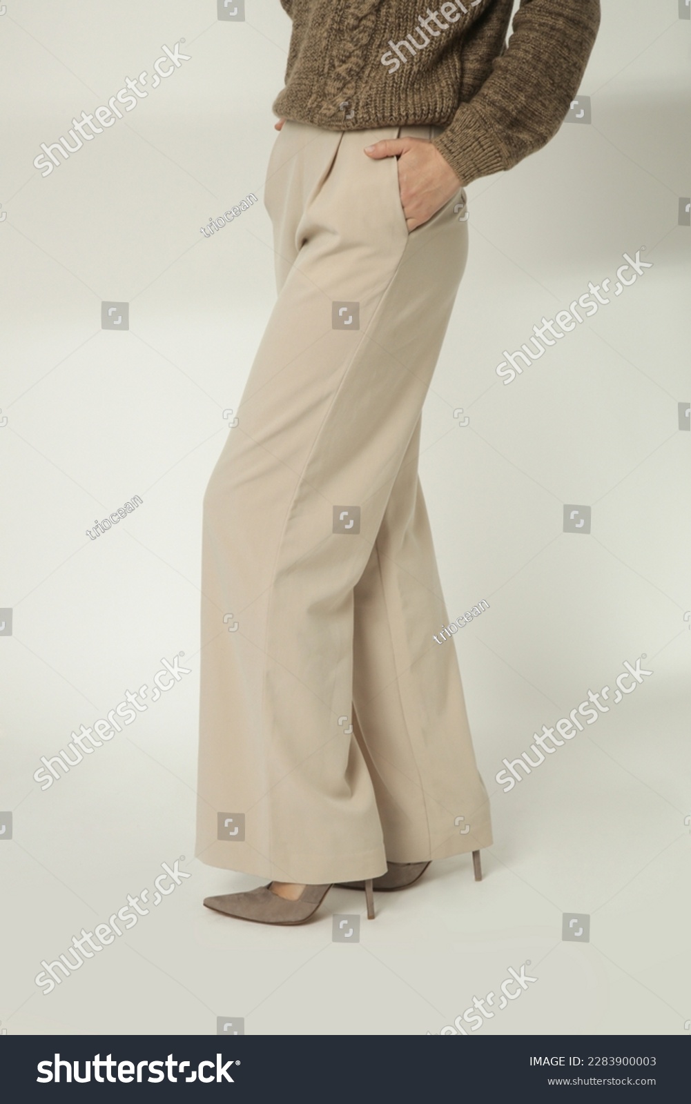 Female model wearing beige smart casual high rise wide leg trousers with high heels. Studio shot. #2283900003