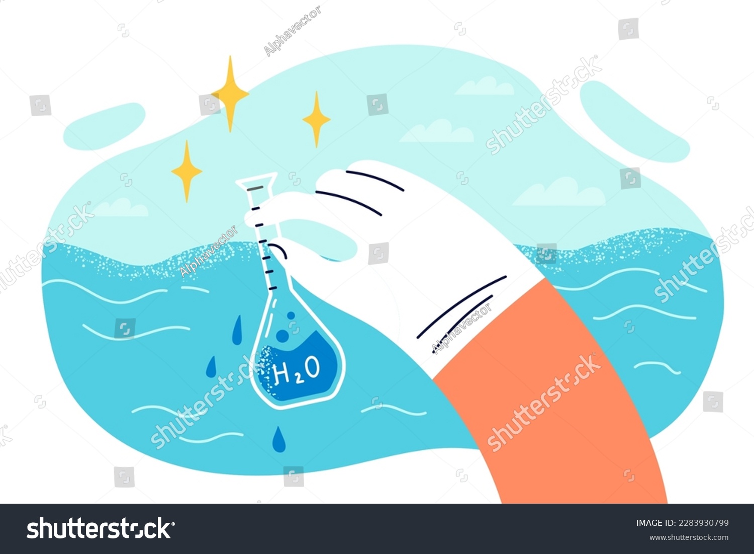 Glass flask signed H2O with water from ocean in hand environmentalist checking liquid for hazardous substances. Volunteer wants to test ocean water in lab for evidence of epidemiological catastrophe #2283930799