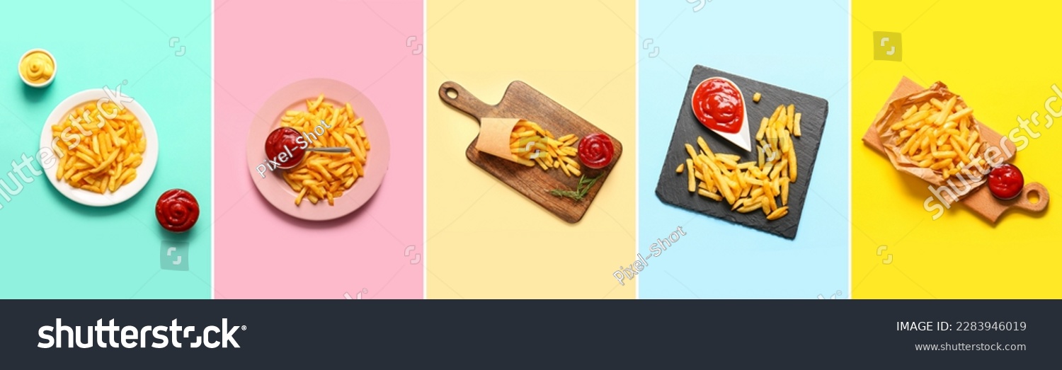 Collage of tasty french fries with ketchup and mayonnaise on color background, top view #2283946019