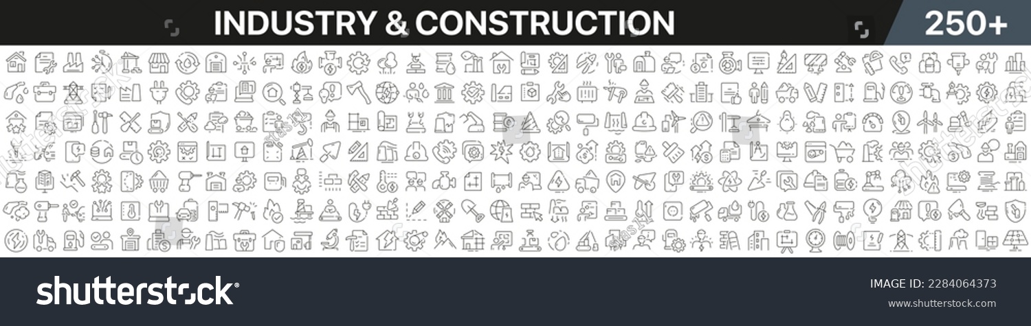 Industry and construction linear icons collection. Big set of more 250 thin line icons in black. Industry and construction black icons. Vector illustration #2284064373