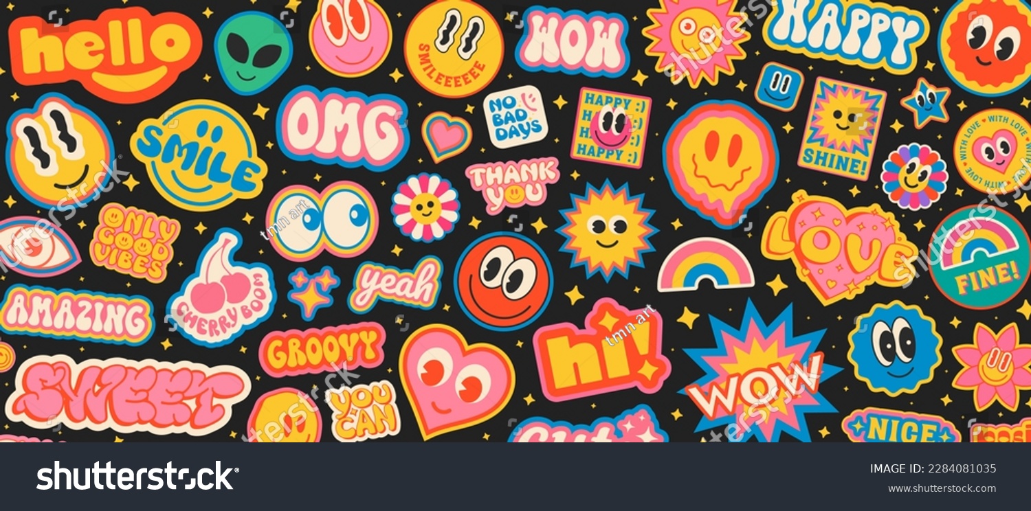 Cool Groovy Stickers Background. Y2k Patches Collage. Pop Art Illustration Vector Design. Funky Pattern. #2284081035