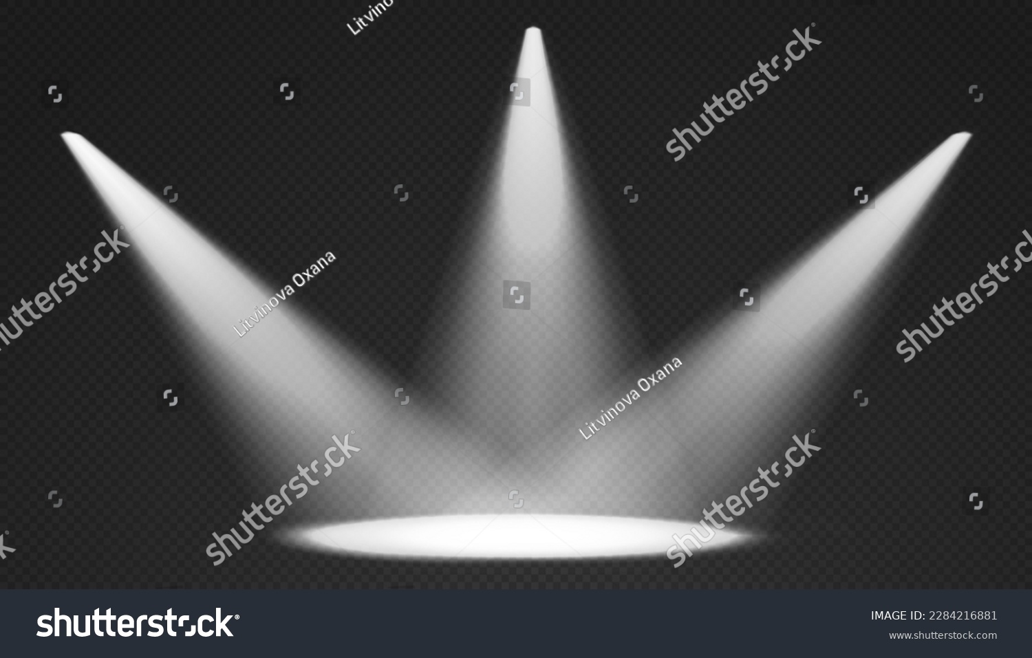 Three stage limelights. White conelights from top with darkened edges. Volumetric spotlight effect on dark background. Empty studio or concert scene. 3d rendering. #2284216881