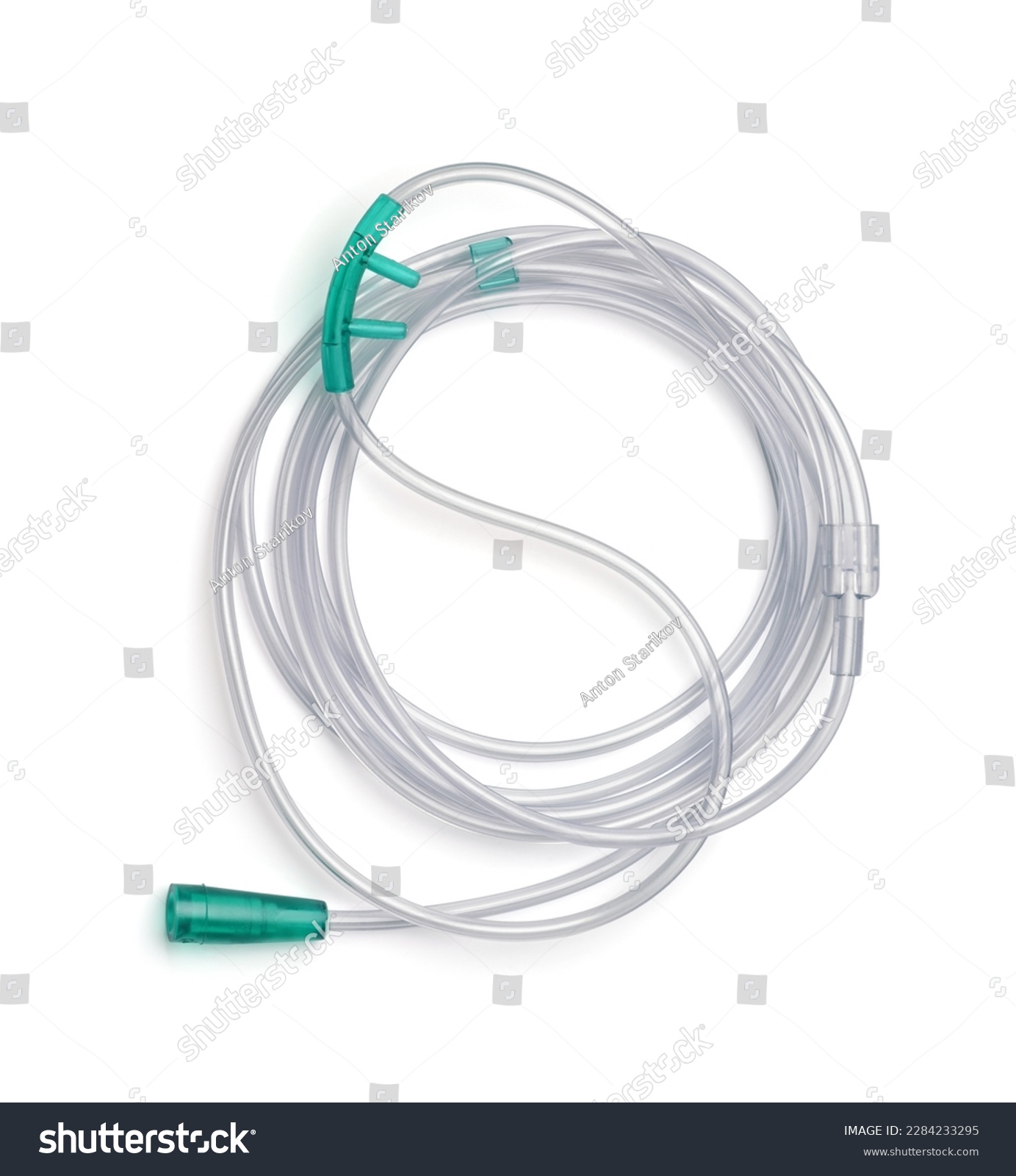 Top view of twin bore nasal oxygen breathing cannula isolated on white #2284233295