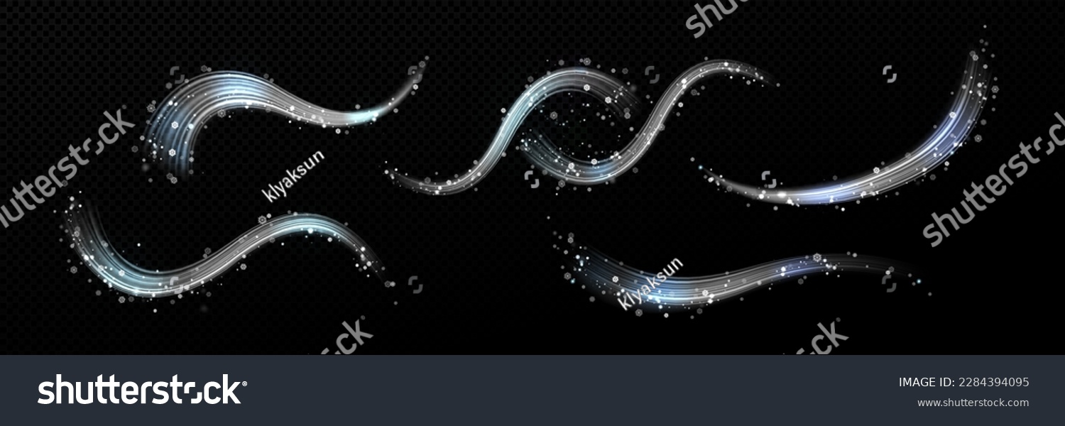 Realistic set of winter air swirls with snowflakes isolated on transparent background. Vector illustration of cold wind flow, frosty whirlwind blow, icy stream vortex. Cool windstorm. Design elements #2284394095