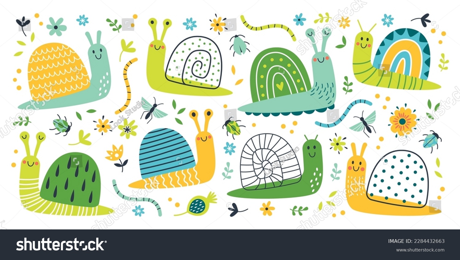 Childish cartoon flowers, beetles and snails - Royalty Free Stock ...