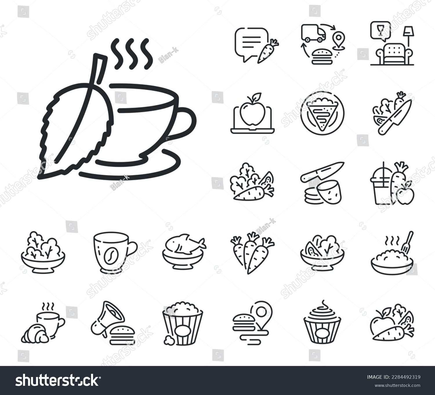 Fresh herbal beverage sign. Crepe, sweet popcorn and salad outline icons. Mint Tea line icon. Cup of drink symbol. Mint tea line sign. Pasta spaghetti, fresh juice icon. Supply chain. Vector #2284492319
