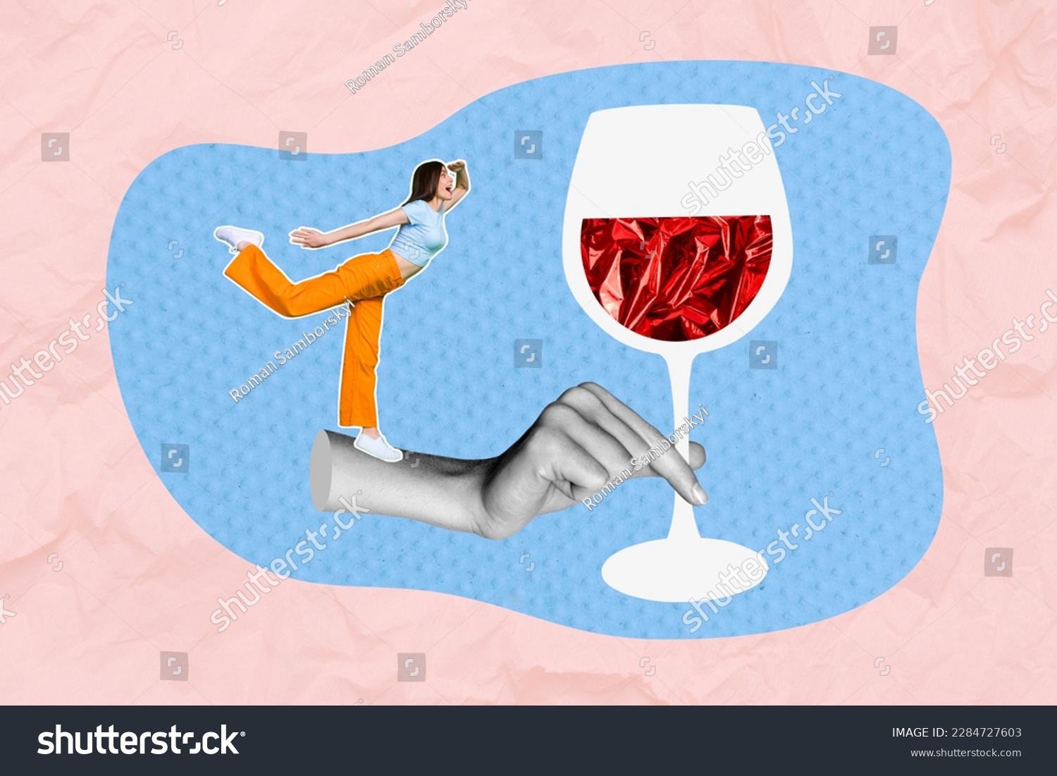 Photo collage of young searching alcohol festival party girl hold painted wine glass drink gourmet sauvignon blanc isolated on pink blue background #2284727603