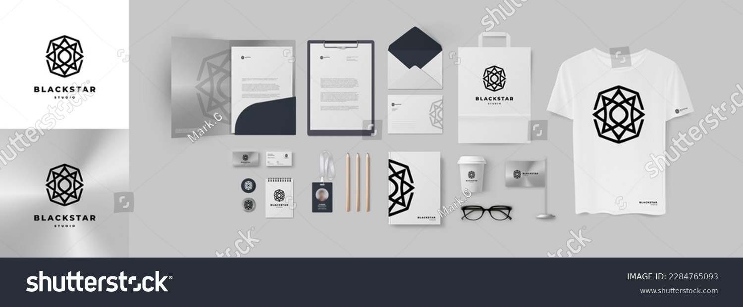 Silver metal and black star logo corporate identity in minimal geometric style. Stationery branding design for modern jewelry or clothes company. Triangle and hexagon black star on glitter background #2284765093