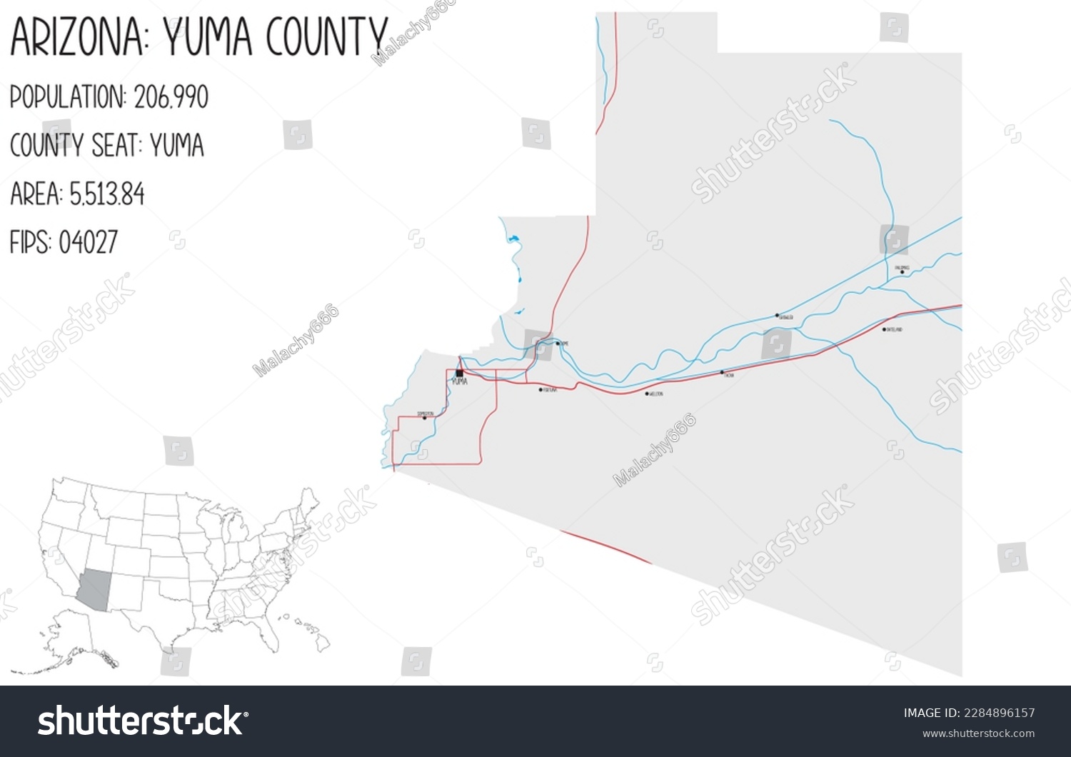 Large and detailed map of Yuma County in Arizona - Royalty Free Stock ...