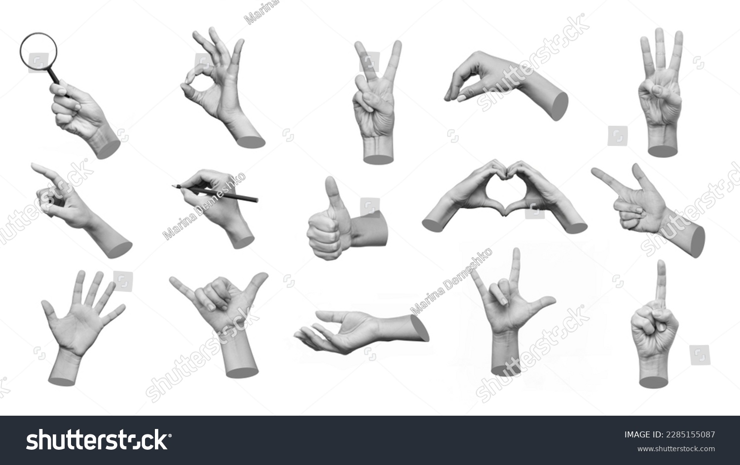 Collection of 3d hands showing gestures ok, peace, thumb up, point to object, shaka, rock, holding magnifying glass, writing on white background. Contemporary art, creative collage. Modern design #2285155087