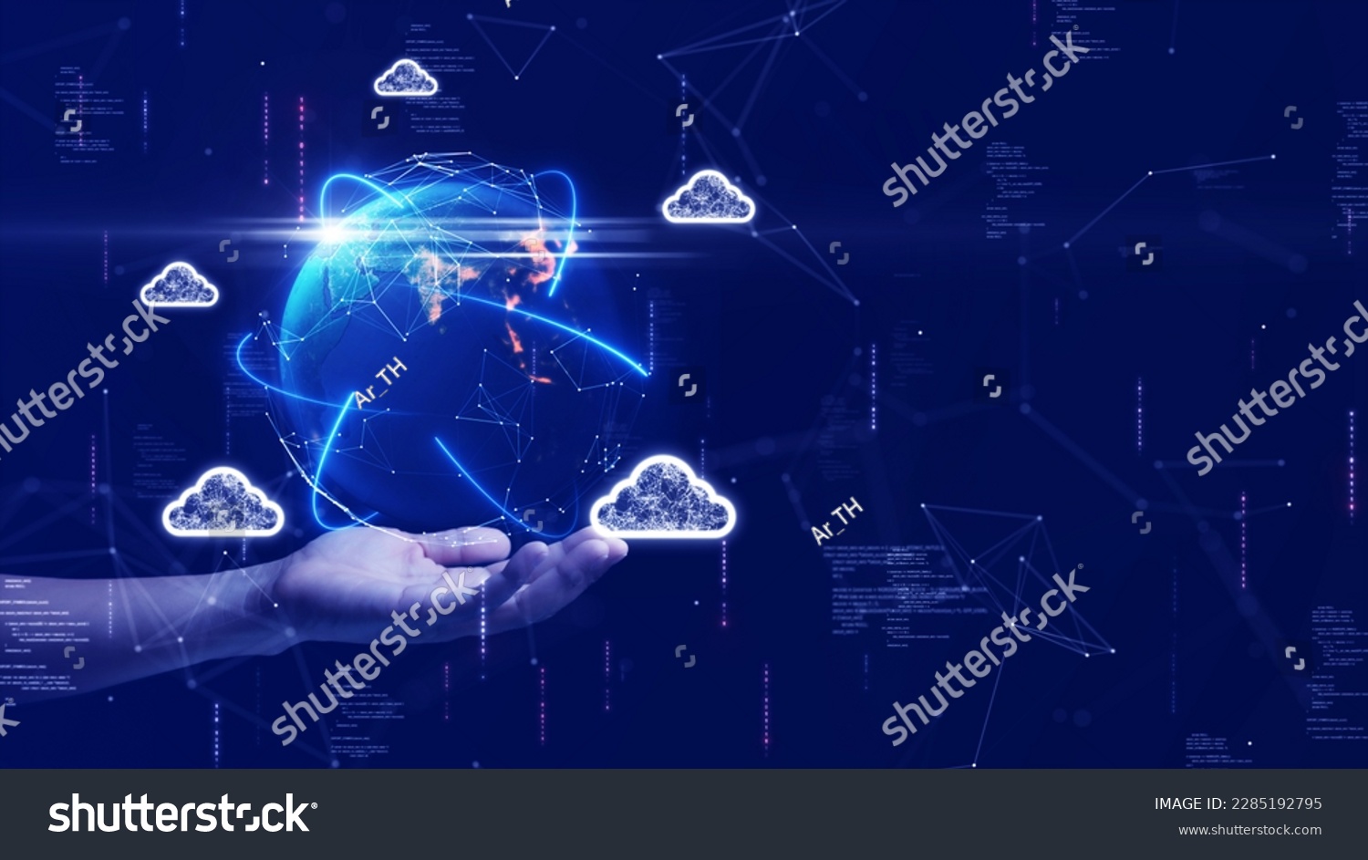 cloud and edge computing technology. Secure database storage is protected from unauthorized access and cyber threats. Polygons and interconnected global cloud network on dark blue background. #2285192795