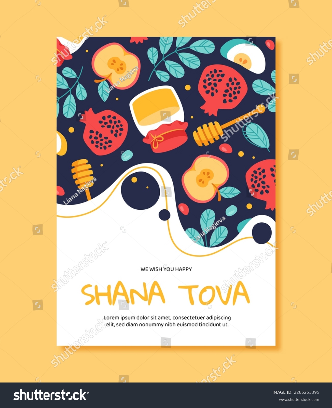 Rosh Hashanah banner. Shana Tova, traditional Jewish holiday. Honey, pomegranate, apple and wooden stick. Invitation and greeting postcard design. Israeli culture. Cartoon flat vector illustration #2285253395