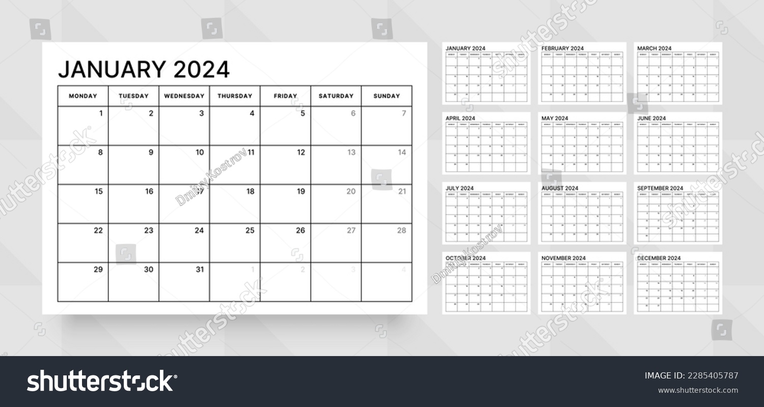 Monthly calendar template for 2024 year. Wall - Royalty Free Stock ...