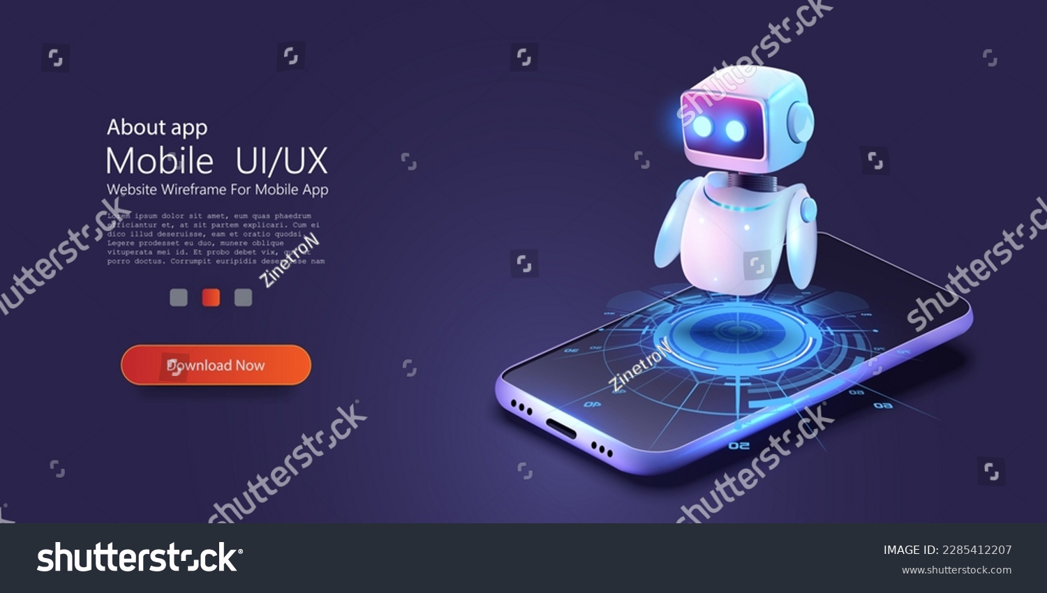 Cute neon cartoon robot. AI Content Generator. Chatbot technology, isometric. Technology and engineering. AI chat bot based on artificial intelligence and neural networks. Online training banner. #2285412207