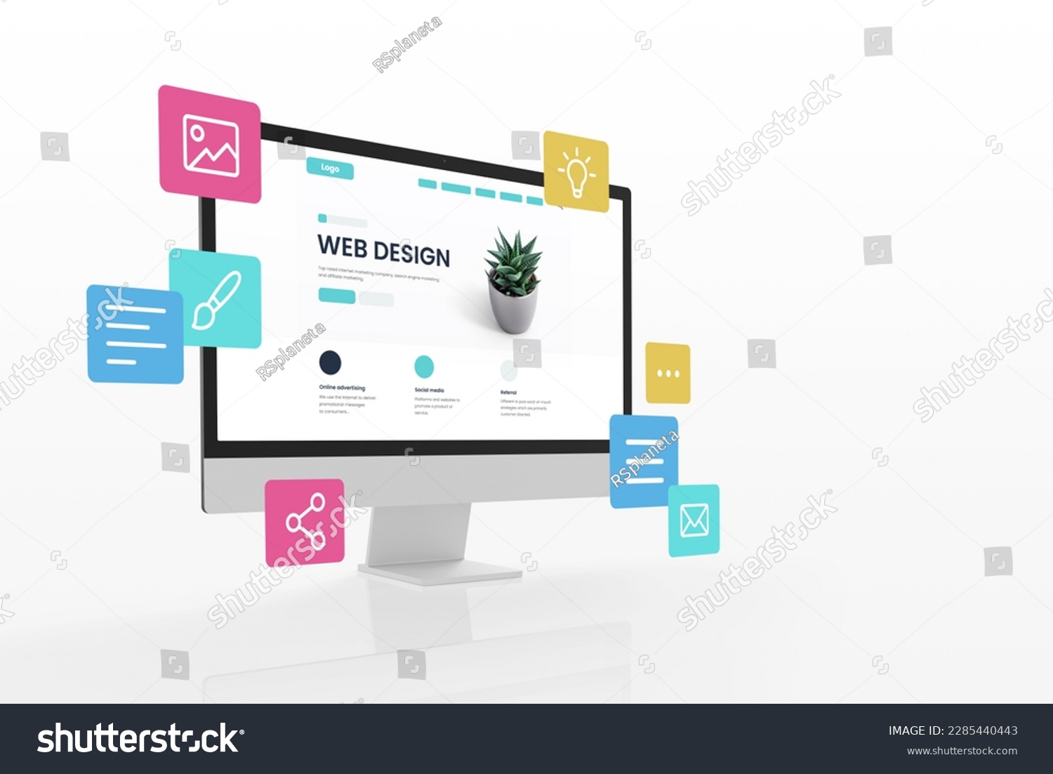 Concept of assembling a web page from modules that fly around the display. The web design studio concept page is on the display #2285440443