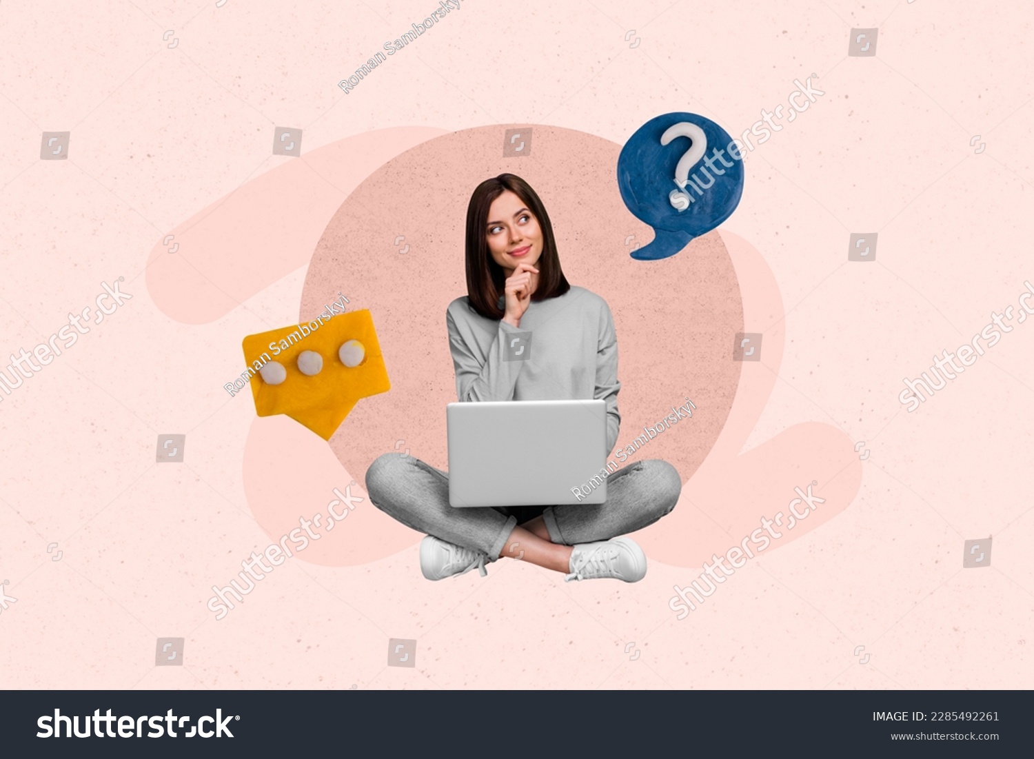 Creative 3d photo artwork graphics collage painting of dreamy lady thinking typing email modern gadget isolated drawing background #2285492261