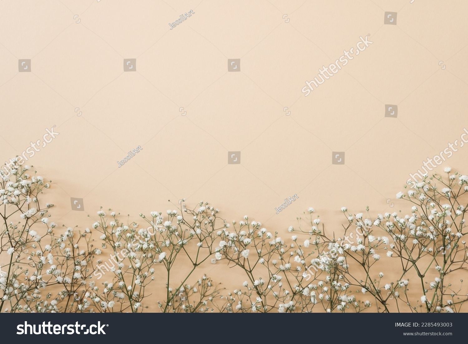 Floral composition with light, airy masses of small white flowers on turquoise beige background, top view, frame. Gypsophila Baby's-breath flowers #2285493003