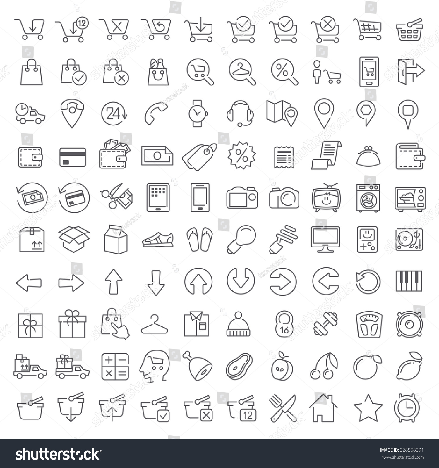 Bundle #002 Vector clean icons set for internet store applications and web interface. Made in flat graphic style. Nice details and easily identifiable. Ideal for clean design. Useful for infographics. #228558391