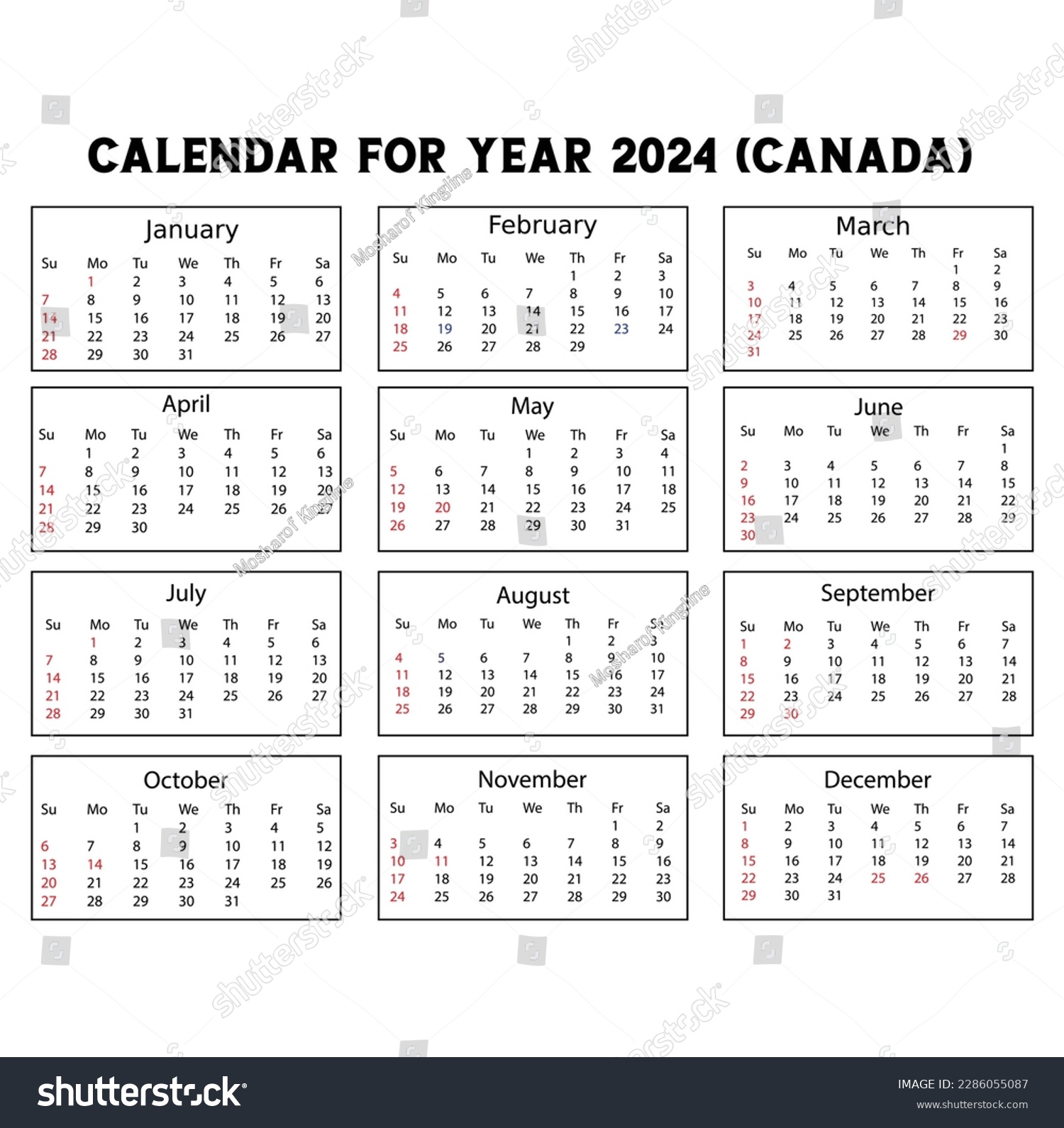 2024 year vector calendar in French language, Royalty Free Stock