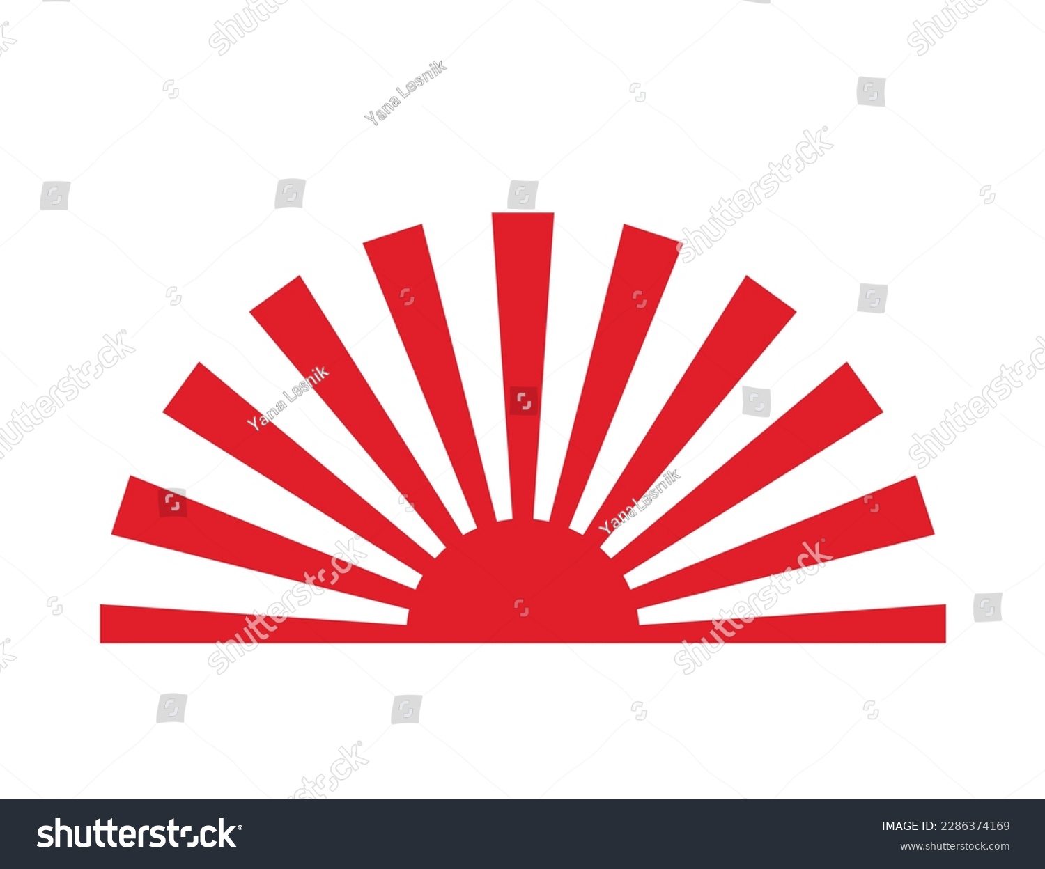 Japanese red rising sun symbol isolated on a white background, flat vector illustration, rays pictogram #2286374169