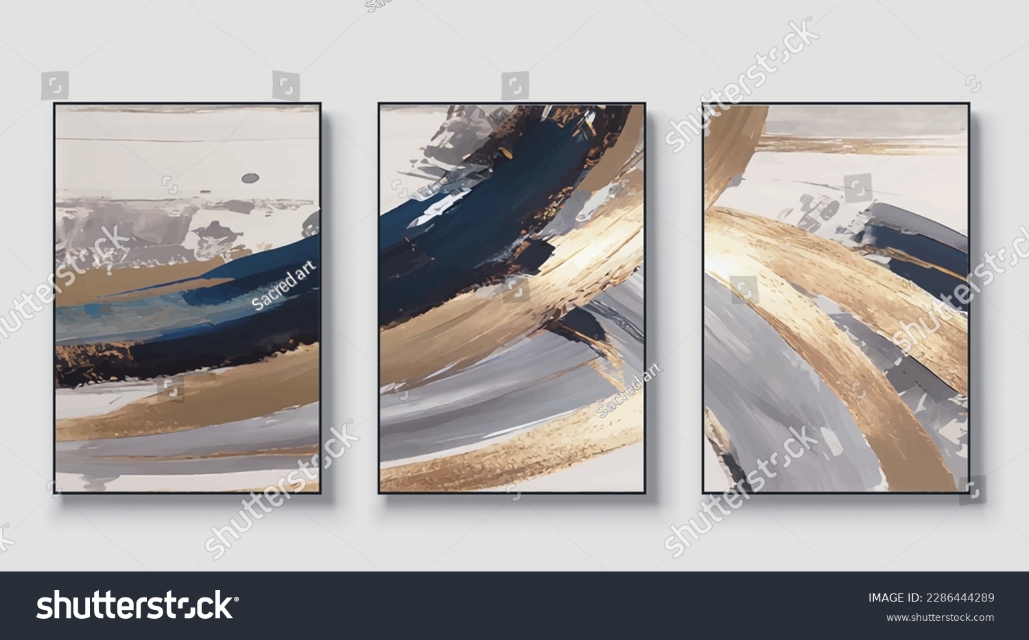 Abstract art vector illustration. Set of three artworks, background vector. Natural fine art wall art for home decor and printing. #2286444289