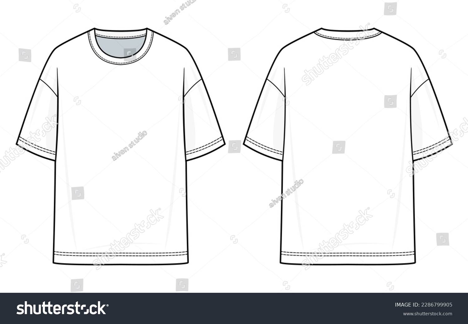 Oversized T-shirt fashion flat technical drawing template. Flat apparel, T-shirt fashion flat illustration. front and back view, white color, unisex, CAD mock set. #2286799905