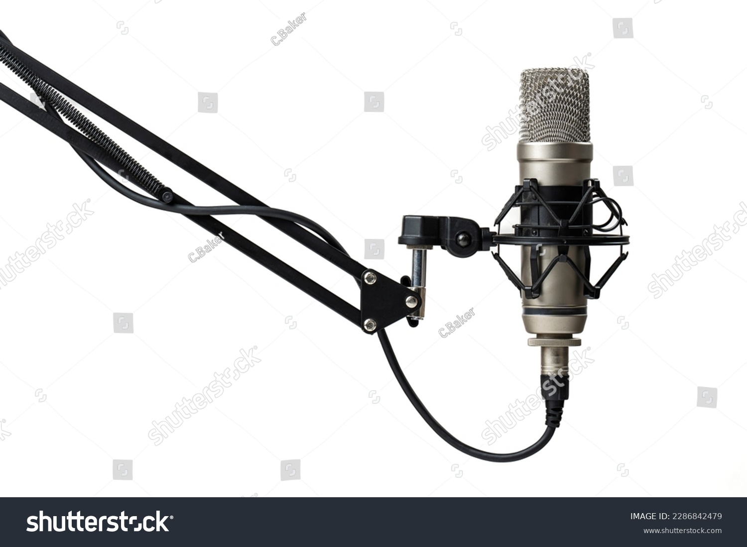 Professional microphone for podcasting on stand infront of white background #2286842479