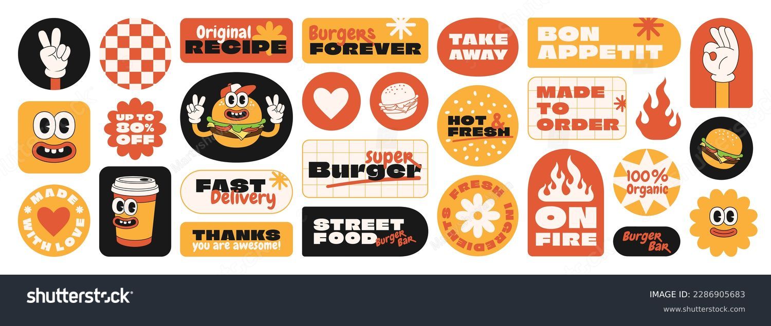 Burger retro cartoon fast food stickers. Comic character, slogan, quotes and other elements for burger bar, cafe, restaurant. Groovy funky vector illustration in trendy retro cartoon style. #2286905683
