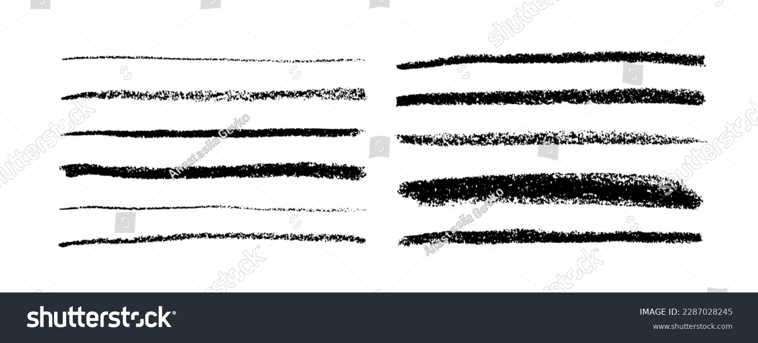 Charcoal pencil straight horizontal lines. Scribble black strokes vector set. Charcoal texture lines isolated on white background. Grunge smears, thin and thick chalk strokes, pencil dividers. #2287028245