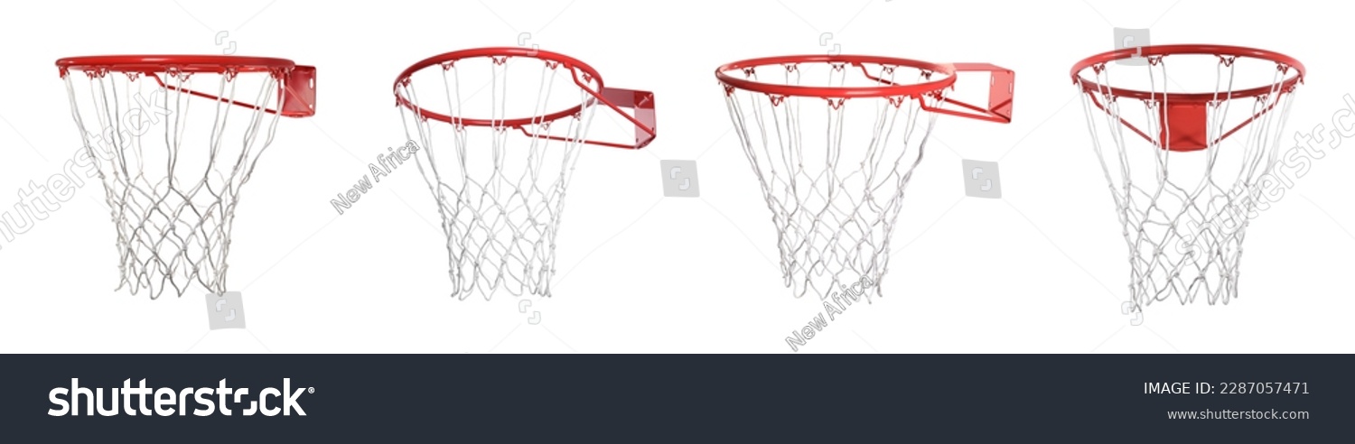 Collage of basketball hoop isolated on white, different sides #2287057471