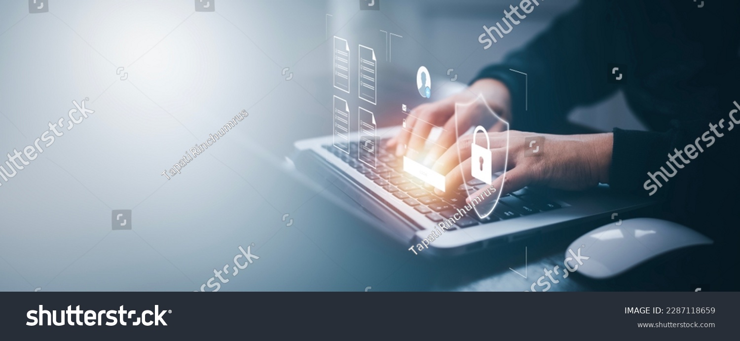 Cyber security and Security password login online concept  Hands typing and entering username and password of social media, log in with smartphone to an online bank account, data protection hacker #2287118659