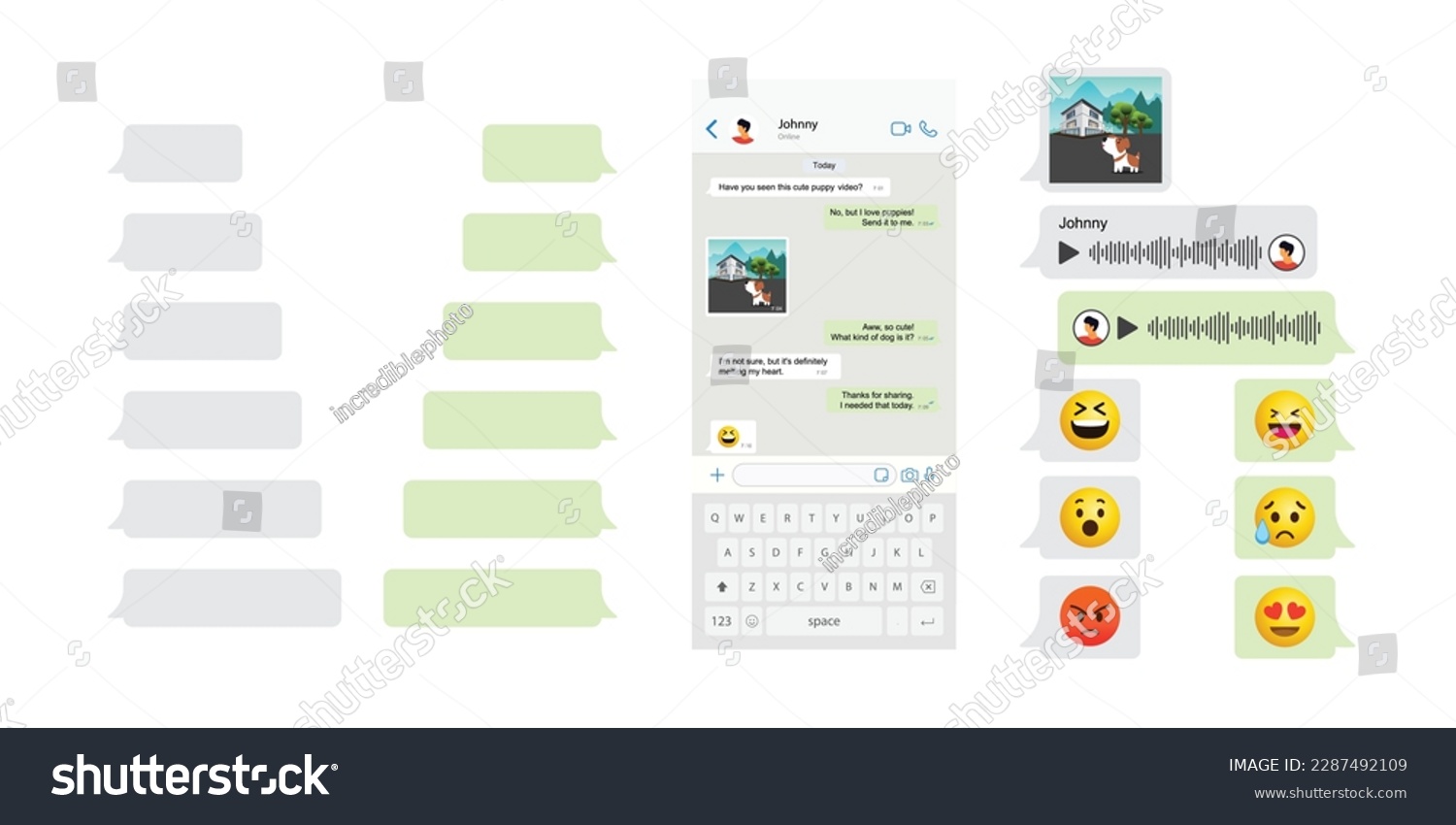 Vector chatting screen in mobile communication illustration. Chat app template. Modern realistic white and black smartphone. Social network concept. Vector. #2287492109