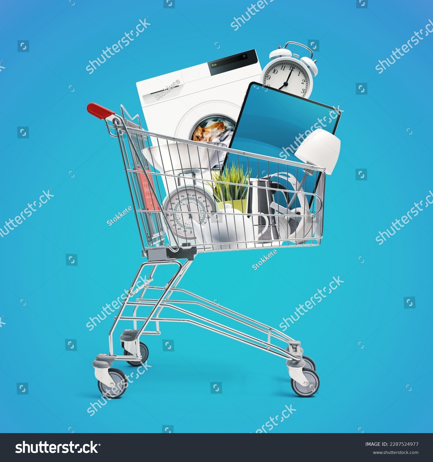 Shopping cart full of household goods, appliances and electronics: sales and retail concept #2287524977