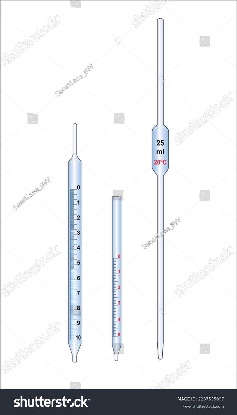 2D illustration of two graduated pipettes, 10 ml, 5 ml and a Mohr pipette 25 ml #2287535997