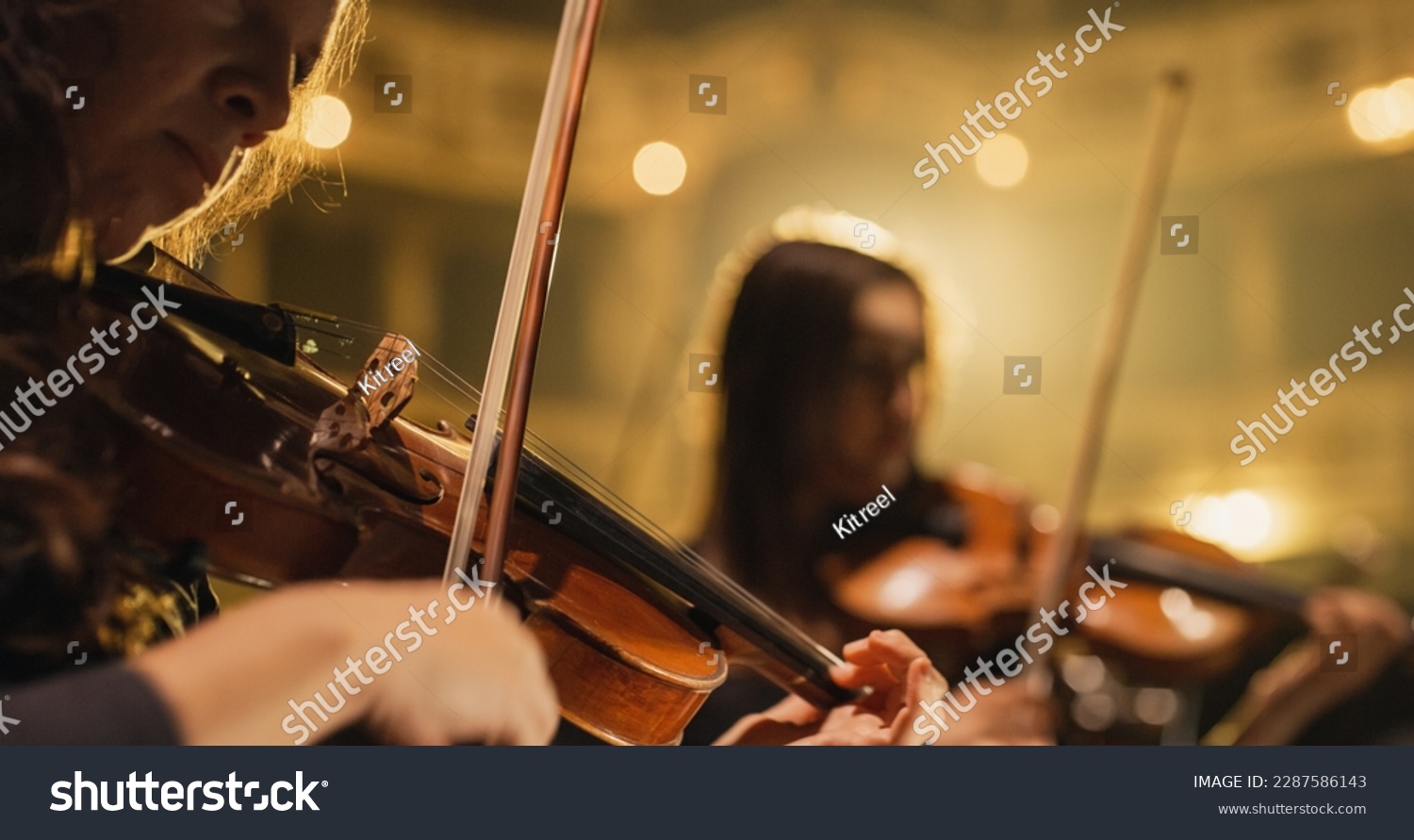 Cinematic Close Up Shot of Professional Symphony Orchestra Violin Player Playing on Classic Theatre with Curtain Stage during Music Concert. Performers Playing Music for Audience #2287586143