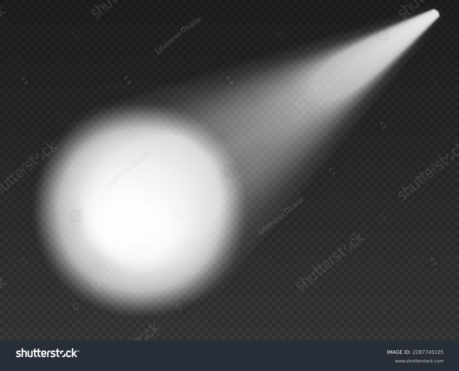 White searchlights top view. Cone lights from bottom with darkened edges. Volumetric spotlight effect on dark background. Empty studio or concert scene. 3d rendering. #2287745105